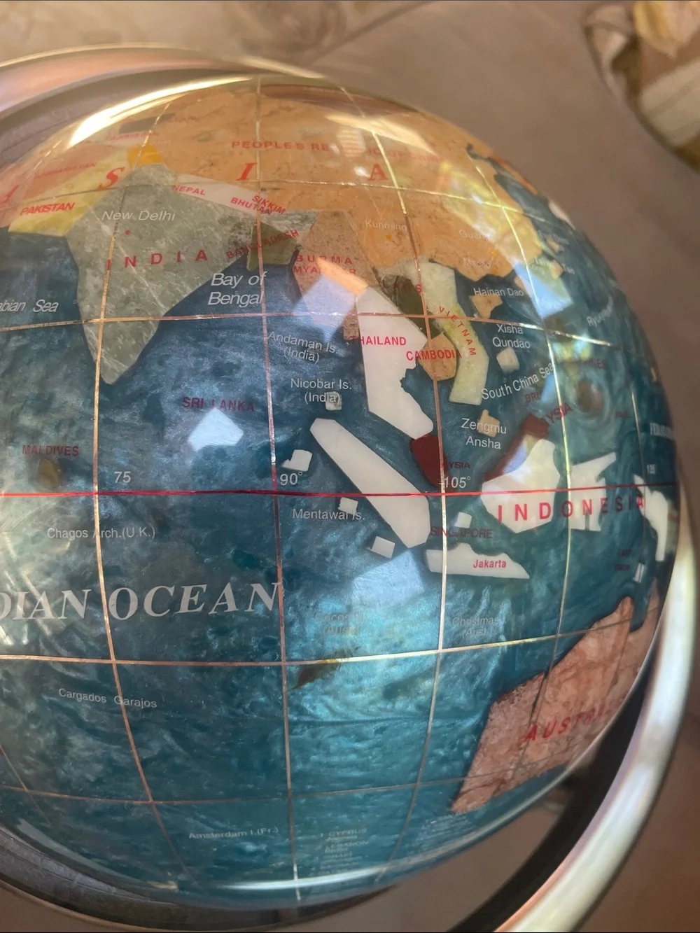 Unique Semi Precious Stones Revolving Globe on Silver Stand